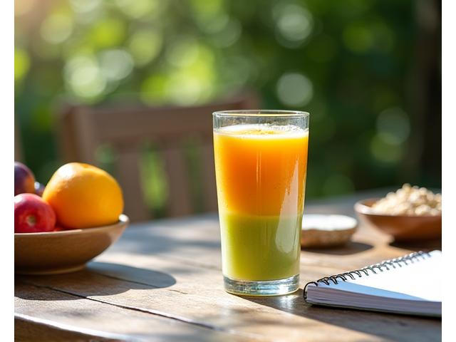 Meja dengan hidangan sarapan sihat termasuk smoothie Tropika Quench.